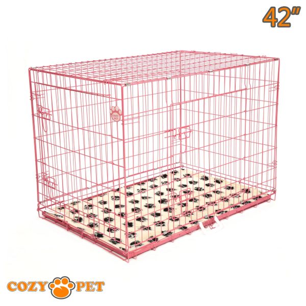 42" Cozy Pet Dog Cage in Pink with Tailored Vet Bed and Metal Tray - DC42P + VB42C