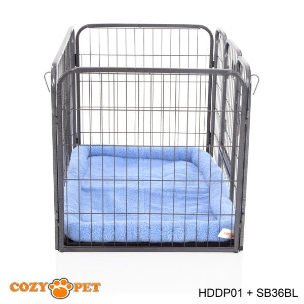 Heavy Duty Playpen with ABS Tray 61cm Tall and Blue Faux Sheepskin Bed by Cozy Pet Model HDDP01 + SB36BL