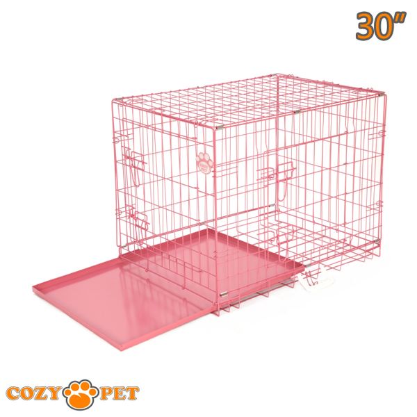 30" Cozy Pet Dog Cage in Pink with Tailored Vet Bedding and Metal Tray - DC30P + VB30C