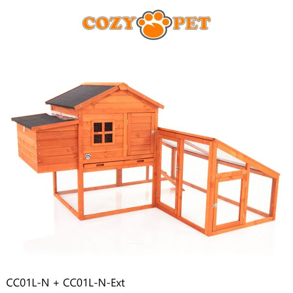 Chicken Coop, New L Size with Run Extension, by Cozy Pet, Hen House Poultry Rabbit Hutch Model CC01L-N + Ext