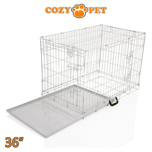 36" Cozy Pet Dog Cage in Light Grey with Taylored Vet Bedding and Metal Tray - DC36G + VB36C