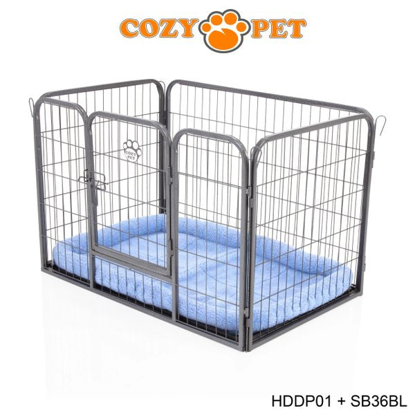 Heavy Duty Playpen with ABS Tray 61cm Tall and Blue Faux Sheepskin Bed by Cozy Pet Model HDDP01 + SB36BL