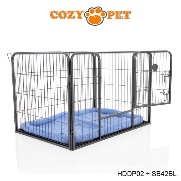 Heavy Duty Playpen with ABS Tray 70cm Tall and Blue Faux Sheepskin Bed by Cozy Pet Model HDDP02 + SB42BL