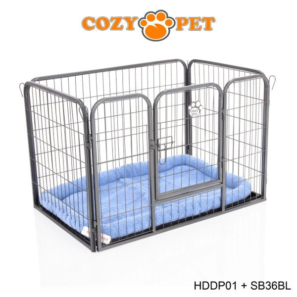 Heavy Duty Playpen with ABS Tray 61cm Tall and Blue Faux Sheepskin Bed by Cozy Pet Model HDDP01 + SB36BL