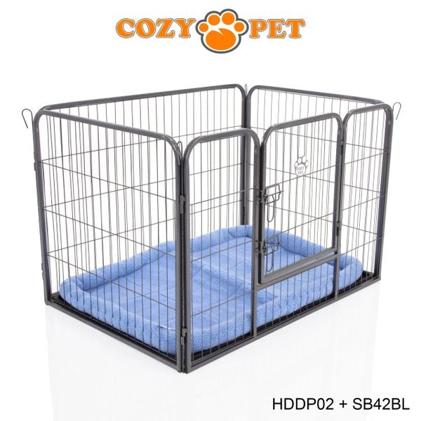 Heavy Duty Playpen with ABS Tray 70cm Tall and Blue Faux Sheepskin Bed by Cozy Pet Model HDDP02 + SB42BL