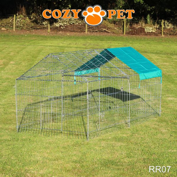 Rabbit Run with Pitched Roof and Sunshade 2.2m Long by Cozy Pet Rectangular Galvanised Model RR07