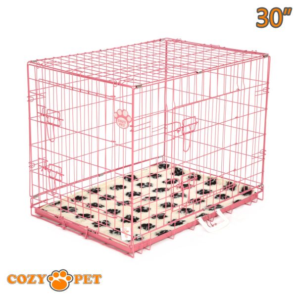 30" Cozy Pet Dog Cage in Pink with Tailored Vet Bedding and Metal Tray - DC30P + VB30C