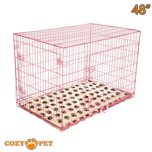 48" Dog Cage in Pink by Cozy Pet with Taylored Vet Bedding and a Metal Tray - DC48P + VB48C